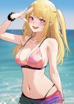  1girl :d absurdres alternate_costume bikini black_scrunchie blonde_hair breasts cleavage english_commentary gradient_bikini highleg highleg_bikini highres hoshino_ruby large_breasts long_hair looking_at_viewer navel one_side_up oshi_no_ko outdoors pink_eyes salute sarong scrunchie smile star-shaped_pupils star_(symbol) swimsuit symbol-shaped_pupils wrist_scrunchie zeragoes 