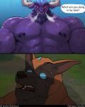 2_horns abs alistar_(lol) anthro anubian_jackal beard biceps bovid bovine canid canine canis cattle duo facial_hair facial_piercing hi_res horn jackal league_of_legends male male/male mammal muscular muscular_anthro muscular_male nasus_(lol) nipples nose_piercing nose_ring pecs piercing red_eyes ring_piercing riot_games vein veiny_muscles wulfer-shepherd