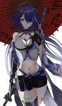  1girl absurdres acheron_(honkai:_star_rail) black_choker black_gloves black_shorts choker commentary cowboy_shot crop_top gloves hair_intakes hair_ornament hair_over_one_eye halterneck highres honkai:_star_rail honkai_(series) leg_tattoo long_hair looking_at_viewer midriff natsuki_iroha navel parted_lips purple_eyes purple_hair red_umbrella short_shorts shorts single_bare_shoulder solo standing stomach tattoo thighs umbrella very_long_hair white_background 