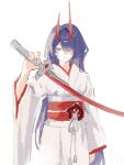  1girl acheron_(honkai:_star_rail) arm_up blood blood_from_eyes closed_mouth detached_sleeves hair_over_one_eye highres holding holding_sword holding_weapon honkai:_star_rail honkai_(series) horns japanese_clothes long_hair purple_eyes purple_hair red_horns red_sash sash single_bare_shoulder solo sword wago_wagoo weapon white_background 
