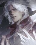  1boy absurdres aged_up beard bishounen blue_eyes coat dante_(devil_may_cry) devil_may_cry_(series) devil_may_cry_5 facial_hair highres holding long_hair male_focus mature_male qvlv_kuzi_feichuan solo white_hair 