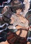  1girl black_hair blue_eyes breasts cleavage devil_may_cry_(series) devil_may_cry_3 foreshortening gloves gun handgun heterochromia highres lady_(devil_may_cry) looking_at_viewer magion02 pleated_skirt red_eyes scar scar_on_face scar_on_nose short_hair skirt solo sweat weapon 