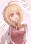  1girl ahoge akamatsu_kaede blonde_hair breasts brown_necktie collared_shirt danganronpa_(series) danganronpa_v3:_killing_harmony fu_ga_(vivi912912) hair_ornament highres large_breasts long_hair long_sleeves looking_at_viewer musical_note musical_note_hair_ornament necktie open_mouth pink_sweater_vest shirt smile sweater_vest white_shirt 