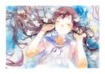  1girl bare_arms blue_background blue_sailor_collar border bracelet branch brown_hair closed_eyes closed_mouth commentary_request dress flower jewelry long_hair lying moekon original painting_(medium) sailor_collar school_uniform shirt smile solo traditional_media twintails upper_body watercolor_(medium) white_border white_flower white_shirt 