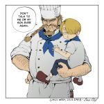  2boys belly blue_sailor_collar carrying chef chef_hat child_carry cowboy_shot curly_eyebrows deadjuice english_text facial_hair father_and_son frown goatee hair_over_one_eye hat highres long_mustache looking_ahead male_focus multiple_boys old old_man one_armed_carry one_piece red-leg_zeff sailor_collar sanji_(one_piece) speech_bubble standing thick_arm_hair wrinkled_skin 