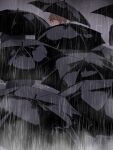  1boy akechi_gorou black_umbrella brown_hair eyelashes from_above grey_background highres looking_at_viewer male_focus persona persona_5 plm233 profile puddle rain red_eyes ripples short_hair solo_focus umbrella 