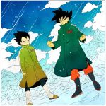  2boys black_hair blue_sky boots border clenched_hands cloud cloudy_sky coat commentary day dragon_ball dragon_ball_super dragon_ball_super_broly dragonball_z dutch_angle english_commentary fighting_stance frown full_body looking_away male_focus mountain multiple_boys outdoors serious short_hair sky snow son_gokuu spiked_hair spread_legs standing symbol_commentary toritoki_(trig_tkdb) vegeta winter_clothes winter_coat 