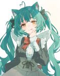  1girl :q ahoge angel_wings animal_ears aqua_hair black_bow black_choker black_ribbon black_shirt bow bowtie cat_ears cat_girl choker closed_mouth commission girl_dm grey_skirt hair_bow hand_to_own_mouth heart heart_ahoge high_collar highres light_blush long_hair long_sleeves looking_at_viewer mini_wings multiple_hair_bows original puffy_sleeves red_bow red_bowtie ribbon shirane_rine shirt simple_background skeb_commission skirt solo tongue tongue_out twintails upper_body very_long_hair virtual_youtuber white_background wings yellow_eyes 