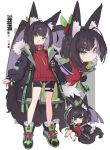  1girl :d animal_ear_fluff animal_ears antenna_hair black_hair black_jacket black_shorts blunt_bangs blunt_ends bright_pupils chibi chibi_inset color_guide colored_inner_hair commission fox_ears fox_girl fox_tail full_body green_eyes grey_background jacket kasa_(hitori_sanka) legwear_garter long_hair long_sleeves multicolored_hair multiple_views open_clothes open_jacket open_mouth original ponytail red_sweater shoes shorts simple_background skeb_commission sleeveless sleeveless_sweater smile sneakers standing sweater swept_bangs tail two-sided_fabric two-tone_background white_background white_pupils 