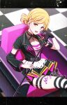  1girl absurdres arm_strap arm_warmers asymmetrical_legwear asymmetrical_sleeves belt black_belt black_gloves black_jacket black_skirt blonde_hair collarbone commentary ear_piercing earrings gloves hair_bun highres holding holding_microphone jacket jewelry looking_at_viewer love_live! love_live!_school_idol_festival_all_stars love_live!_sunshine!! microphone microphone_stand multicolored_hair nyasa ohara_mari on_chair open_clothes open_jacket open_mouth piercing pink_hair pink_shirt pleated_skirt shirt short_sleeves single_arm_warmer single_glove sitting skirt solo streaked_hair thigh_strap upper_body yellow_eyes 