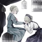  2girls alcohol birdcage black_collar black_dress black_gloves black_hairband black_pantyhose blonde_hair blue_sailor_collar blue_serafuku blue_shirt blue_skirt blue_sleeves bottle cage collar collared_shirt commentary_request cup cupcake curtains danganronpa_(series) danganronpa_v3:_killing_harmony dated dessert dress drinking_glass dual_persona feet_out_of_frame food frilled_sleeves frills from_behind gloves hair_over_one_eye hairband kiss kissing_hand lace-trimmed_collar lace-trimmed_hairband lace_trim leaning_forward long_dress long_sleeves looking_at_another medium_skirt multiple_girls neckerchief pantyhose parted_lips plate red_neckerchief sailor_collar school_uniform serafuku shirt short_hair signature simple_background sitting skirt sleeveless sleeveless_dress spider_web_print squatting tojo_kirumi u_u_ki_u_u white_background white_shirt white_sleeves wide_sleeves wine wine_bottle wine_glass yellow_eyes 