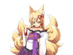  1girl animal_ear_fluff animal_ears bare_shoulders blonde_hair bmp-to-png_conversion chest_tattoo closed_mouth cowboy_shot eyeshadow folding_fan fox_ears fox_girl fox_tail game_cg green_eyes hair_between_eyes hakama hakama_skirt hand_fan hand_on_own_hip holding holding_fan japanese_clothes jingai_modoki kimono kitsune lolibaba long_hair looking_at_viewer makeup mon-musu_quest! monster_girl multiple_tails neck_tattoo non-web_source obi purple_hakama purple_sash red_eyeshadow sash simple_background skirt slit_pupils solo sweatdrop tail tamamo_(mon-musu_quest!) tattoo transparent_background v-shaped_eyebrows wavy_mouth white_kimono wide_sleeves 