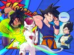  3llo_3 4boys :o aiming_at_viewer anger_vein annoyed aqua_background armor attacking_viewer black_eyes black_hair blue_background broly_(dragon_ball_super) crossed_arms day dougi dragon_ball dragon_ball_super dragon_ball_super_broly dragonball_z energy energy_beam english fighting_stance fingernails frieza frown gloves green_eyes hand_behind_head hand_up index_finger_raised looking_away looking_back male_focus motion_lines multiple_boys nervous_smile onomatopoeia open_mouth outdoors outside_border outstretched_hand polka_dot polka_dot_background red_eyes see-through serious short_hair simple_background sky smile son_gokuu speech_bubble spiked_hair standing sweatdrop tail text_focus upper_body vegeta wristband 
