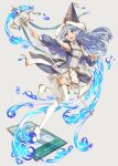  1girl absurdres bare_shoulders blue_eyes blue_hair boots card detached_sleeves duel_monster highres holding holding_staff hydrokinesis kaichou_(homehome_h) long_hair long_sleeves pointy_ears pointy_hair rite_of_aramesir solo staff standing standing_on_one_leg thigh_boots water water_enchantress_of_the_temple white_footwear yu-gi-oh! 