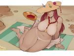  1girl arbuz_budesh artist_name beach_towel bead_necklace beads bikini_tan breasts closed_mouth completely_nude demon_girl detached_sleeves feet flower hand_on_ground hat hat_flower horns huge_breasts jewelry leaning_to_the_side long_hair looking_at_viewer mole mole_on_breast navel necklace nipples nude oni orange_eyes original outdoors pussy red_hair sitting smile solo stomach straight_hair straw_hat tan tanlines thick_thighs thighs towel tusks wide_hips wide_sleeves 