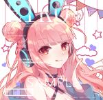  1girl :q akira_(ying) animal_ear_headphones animal_ears bare_shoulders black_choker blue_jacket blush choker closed_mouth copyright_request cover cover_page criss-cross_halter double_bun fake_animal_ears hair_bun halterneck hand_up headphones highres jacket long_hair long_sleeves looking_at_viewer off_shoulder pennant pink_hair puffy_long_sleeves puffy_sleeves rabbit_ear_headphones rabbit_ears red_eyes sample_watermark simple_background smile solo string_of_flags tongue tongue_out translation_request upper_body watermark white_background 