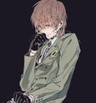  1boy akechi_gorou black_background black_gloves blush brown_hair clenched_hand commentary_request crying crying_with_eyes_open gloves hair_between_eyes jacket long_sleeves looking_down male_focus necktie nose_blush persona persona_5 plm233 red_eyes sad short_hair solo streaming_tears striped_necktie tears trembling upper_body 
