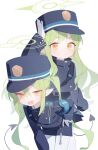  2girls absurdres armband black_hat black_tail blue_archive blue_armband blush buttons closed_mouth demon_tail doribae double-breasted fang gloves green_hair green_halo halo hat highlander_sidelocks_conductor_(blue_archive) highlander_twintails_conductor_(blue_archive) highres long_hair long_sleeves multiple_girls open_mouth pantyhose peaked_cap pointy_ears skin_fang smile tail twintails white_gloves white_pantyhose yellow_eyes 