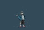  1boy black_shorts blue_background blue_jacket full_body guangchenren hand_in_pocket hand_up highres hood hood_down hooded_jacket jacket open_clothes open_jacket rain sans shirt shorts simple_background skeleton slippers socks solo undertale white_shirt 