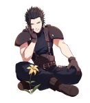  1boy armor baggy_pants black_footwear black_gloves black_hair blue_eyes boots crisis_core_final_fantasy_vii final_fantasy final_fantasy_vii final_fantasy_vii_rebirth final_fantasy_vii_remake flower full_body gloves hair_slicked_back highres igusaharu indian_style looking_at_viewer male_focus pants parted_lips ribbed_sweater scar scar_on_cheek scar_on_face short_hair shoulder_armor sitting sleeveless sleeveless_turtleneck solo spiked_hair suspenders sweater turtleneck turtleneck_sweater white_background yellow_flower zack_fair 