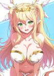  1girl ass_visible_through_thighs bare_arms bare_shoulders bikini blonde_hair braid breasts character_request circlet cleavage collarbone commission cowboy_shot earrings elf gold_trim green_eyes head_wings jewelry large_breasts leaning_forward long_hair looking_at_viewer navel open_mouth original pointy_ears rin_ateria sidelocks skeb_commission smile solo standing stomach strapless strapless_bikini string_bikini swimsuit two_side_up very_long_hair white_bikini wings 