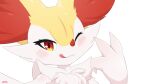  1girl :3 animal_ear_fluff animal_ears animal_nose artist_name blush body_fur braixen closed_mouth commentary english_commentary fox_ears fox_girl furry furry_female hands_up happy highres licking_lips looking_at_viewer loval neck_fur one_eye_closed pokemon pokemon_(creature) portrait red_eyes selfie signature simple_background smile solo tongue tongue_out two-tone_fur white_background white_fur yellow_fur 