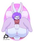 absurd_res anthro anus blush butt digital_media_(artwork) eyewear female fur genitals glasses hair hi_res jazzyrakk lagomorph leporid mammal nude purple_hair pussy rabbit simple_background smile solo tail