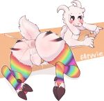 absurd_res anthro asriel_dreemurr asriel_dreemurr_(god_form) balls black_body black_fur blush bodily_fluids bovid butt cage caprine clothing cum cum_in_ass cum_inside farvvie fur genital_fluids genitals goat hi_res hooves horn legwear male mammal multicolored_clothing multicolored_legwear multicolored_stockings open_mouth precum rainbow_clothing rainbow_legwear rainbow_stockings raised_tail short_tail simple_background solo stockings tail undertale undertale_(series) white_background white_body white_fur