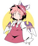  1girl animal_ears bird_ears bird_wings blush brown_dress brown_hat closed_mouth collared_shirt dress grey_eyes hat ini_(inunabe00) long_sleeves mystia_lorelei pink_hair shirt short_hair sleeve_garter solo touhou upper_body white_shirt white_wings winged_hat wings 