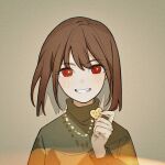  1other androgynous brown_hair chara_(undertale) grin guangchenren heart heart_necklace holding holding_jewelry holding_necklace jewelry necklace red_eyes simple_background smile solo striped_clothes striped_sweater sweater swept_bangs undertale upper_body 
