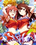  2girls :d absurdres animal_ears arm_up armpits bike_shorts breasts brown_eyes brown_hair cheerleader clothes_lift confetti glasses grace_maitland_steward highres horse_ears horse_girl kawata_kazuki long_hair luminous_witches mc_axis midriff multiple_girls official_art orange_eyes orange_hair pom_pom_(cheerleading) red-framed_eyewear scan semi-rimless_eyewear sheep_ears sheep_girl skirt skirt_lift smile sylvie_cariello thighhighs world_witches_series 