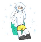 anthro axy_(axy_usagi) axy_usagi biped blush clothed clothing fur hair lagomorph leporid male mammal rabbit solo topless topless_anthro topless_male underwear white_body white_fur white_hair yellow_clothing yellow_underwear