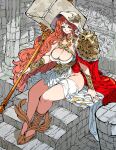  1girl armor blue_eyes breasts cape chain cleavage commentary commission english_commentary hammer holding holding_hammer holding_weapon huge_weapon kafun large_breasts laurel_crown long_hair orange_hair original parted_bangs pauldrons phyridosa_(the_mute_cynic) pillar red_cape shoulder_armor single_pauldron sitting sitting_on_stairs smile solo stairs weapon 