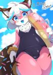 anthro big_tail blue_eyes blue_tongue bulge canid canine canis clothing dessert domestic_dog donut_(misterdonut) doughnut fermata_suzuka fluffy_chest food food_creature fur hair hi_res inflatable inner_tube low-angle_view male mammal open_mouth pink_body pink_fur pink_hair school_swimsuit smiley_face solo sprinkledog swimwear tail thick_thighs tongue