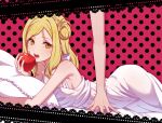  2girls apple bare_arms blonde_hair blue_nails braid breasts commentary crown_braid dress food fruit highres holding holding_food large_breasts long_hair looking_at_viewer love_live! love_live!_sunshine!! lying matsuura_kanan multiple_girls nyasa ohara_mari on_stomach open_mouth pillow pink_background polka_dot polka_dot_background purple_nails single_hair_ring sleeveless sleeveless_dress white_dress yellow_eyes yuri 