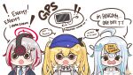  3girls amatsuka_uto assault_rifle blonde_hair blue_bow blue_bowtie blue_eyes blue_hair blue_hat blue_jacket blue_necktie bow bowtie chibi dokibird_(vtuber) dress dtto. english_commentary gun hair_ornament headphones hitominty indie_virtual_youtuber jacket light_blue_hair long_hair multicolored_hair multiple_girls necktie open_mouth red_eyes red_hair reject_(esports) rifle shirt short_hair skull_hair_ornament twintails utaite virtual_youtuber weapon white_dress white_hair white_shirt 