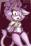 anthro blaze_the_cat bodily_fluids breasts cleavage clothed clothing crotch_tuft dinkdiddly dipstick_tail domestic_cat ears_down embarrassed eyelashes felid feline felis female forehead_gem fur gem hi_res looking_at_viewer mammal markings navel open_mouth panties pink_background pivoted_ears pupils purple_body purple_clothing purple_fur purple_panties purple_underwear sega shaking simple_background slit_pupils small_breasts solo sonic_the_hedgehog_(series) sweat sweatdrop sweater tail tail_markings thick_thighs topwear trembling tuft underwear white_body white_clothing white_fur white_sweater white_topwear wide_hips yellow_eyes