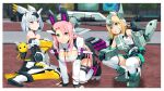  3girls armor asuka_(cosmic_break_2) bare_shoulders black_shorts blonde_hair blurry blurry_background boots breasts chihiro_(cosmic_break_2) cleavage_cutout clothing_cutout cosmic_break cosmic_break_2 game_screenshot_background glaive_(polearm) green_eyes grey_eyes grin highres holding holding_leash large_breasts leash long_hair looking_at_viewer matoi_(cosmic_break_2) mecha_musume medium_breasts multiple_girls official_alternate_costume official_art pink_hair polearm second-party_source short_hair shorts sitting smile sweatdrop teeth thighhighs wakaba_sprout wariza weapon white_hair yellow_eyes 