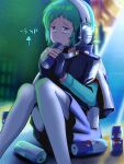  1girl absurdres amaterasu_(amaterasu1) aqua_hair blurry blurry_background blush brand_name_imitation brown_eyes can drink drink_can english_commentary english_text feet_out_of_frame fingerless_gloves full_body gloves headphones headset highres knees_up on_ground persona persona_3 persona_3_reload pleated_skirt red_bull s.e.e.s short_hair sitting skirt solo sweat yamagishi_fuuka 