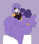 absurd_res anthro avian beak bear belly big_belly big_breasts bird bloated blush breasts clothed clothing curvy_figure digital_media_(artwork) duo english_text eyelashes feathers female female/female fur giant_panda hair hi_res maggy_(swallowpancakes) mammal navel obese open_mouth overweight overweight_anthro overweight_female purple_body purple_hair simple_background size_difference smile swallowpancakes tail tail_feathers text thick_thighs tongue tongue_out voluptuous voluptuous_anthro voluptuous_female white_body white_fur wide_hips