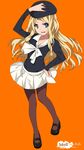  beret blonde_hair blue_eyes frenda_seivelun hand_on_headwear hand_on_hip hat long_hair mary_janes mizuki_makoto orange_background pantyhose school_uniform serafuku shoes skirt solo to_aru_kagaku_no_railgun to_aru_majutsu_no_index 