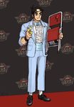  alternate_costume beowulf_(skullgirls) black_hair bow bowtie chair cheese commentary eating emlan english_commentary flower folding_chair food formal jacket red_carpet rose signature skullgirls slacks step_and_repeat suit the_hurting 