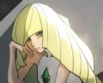  1girl blonde_hair blunt_bangs closed_mouth commentary_request dress echizen_(n_fns17) eyelashes gem green_eyes green_gemstone hand_up head_rest highres long_hair looking_at_viewer lusamine_(pokemon) pokemon pokemon_sm shadow sleeveless sleeveless_dress solo upper_body white_dress 