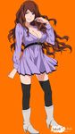  boots breasts brown_hair cleavage curly_hair large_breasts long_hair mizuki_makoto mugino_shizuri orange_background solo thighhighs to_aru_kagaku_no_railgun to_aru_majutsu_no_index zettai_ryouiki 