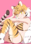  1girl animal_ears animal_print areola_slip bikini black_hair blush breasts extra_ears garter_straps highres huge_breasts kemono_friends masuyama_ryou multicolored_hair on_pillow orange_hair print_bikini short_hair smile solo swimsuit tail thighhighs tiger_(kemono_friends) tiger_ears tiger_girl tiger_print tiger_tail white_hair yellow_eyes 