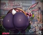 2024 anthro big_butt blush buckteeth butt crowthemadcat dialogue disney english_text eyebrows eyelashes female fur grey_body grey_fur hi_res huge_butt judy_hopps lagomorph leporid looking_at_viewer looking_back mammal open_mouth rabbit solo stuck teeth text thick_thighs wide_hips zootopia