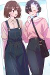  2girls ^_^ asymmetrical_bangs bag black_bag black_choker black_hair black_pants blue_overalls blush border brown_eyes brown_hair casual choker closed_eyes collarbone commentary_request earrings gloria_(pokemon) highres jewelry marie_(pixiv59672544) marnie_(pokemon) medium_hair multiple_girls open_mouth outdoors outside_border overalls pants pink_shirt pink_sweater pokemon pokemon_swsh shirt short_hair shoulder_bag smile standing sweater white_border 