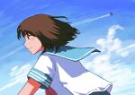  1girl aged_down aircraft airplane blue_sailor_collar blue_skirt brown_eyes brown_hair clear_sky cloud dorupi from_side highres neckerchief sailor_collar school_uniform serafuku short_sleeves skirt sky smile solo summer_uniform touhou upper_body usami_renko wind 