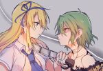  bad_link blonde_hair green_hair hikage_(senran_kagura) katsuragi_(senran_kagura) knife machete necktie open_clothes open_shirt senran_kagura senran_kagura_burst snake_print snake_tattoo tattoo yellow_eyes 