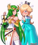  2girls absurdres bikini blonde_hair blue_eyes clothes_hanger company_connection crossover crown dress green_eyes green_hair hair_over_one_eye highres kid_icarus kid_icarus_uprising mario_(series) mini_crown multiple_girls palutena rosalina sarukaiwolf simple_background smile super_mario_galaxy super_smash_bros. swimsuit tiara 